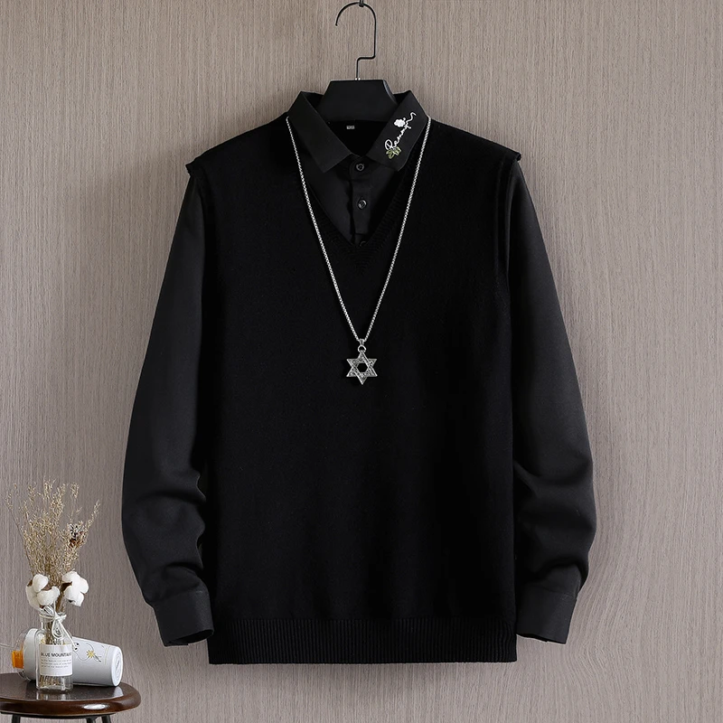 春秋季假两件毛衣男士潮流保暖高端针织衫休闲雅痞轻奢衬衫领线衣