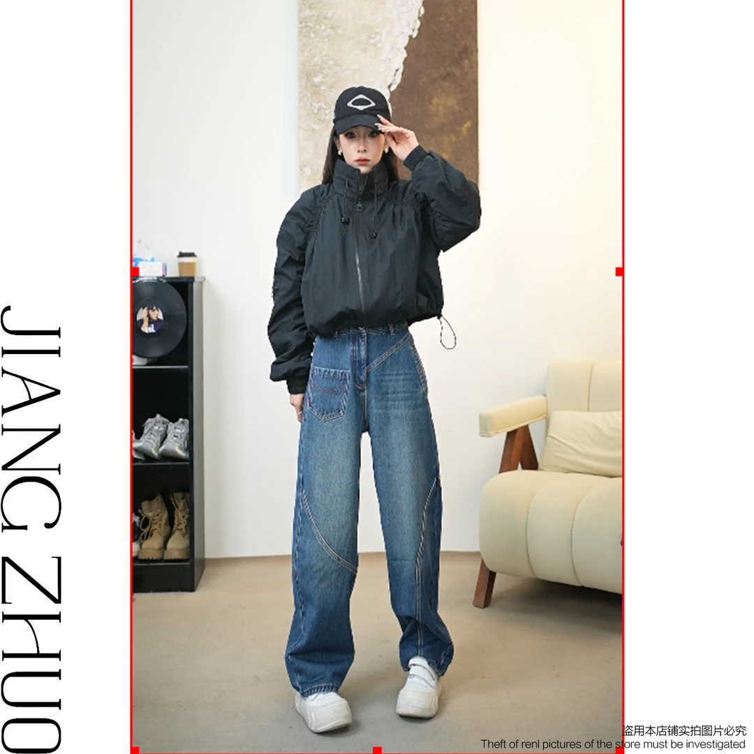 【JIANGZHUO】-立体线-FA28018-2DW 美式休闲高腰堆堆裤