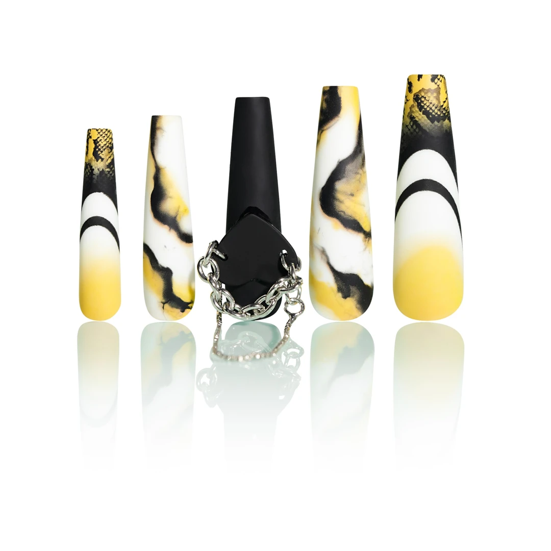 幻调Bodak Cobra 蒙古风情 | 黑黄拼色双法式设计感穿戴美甲876