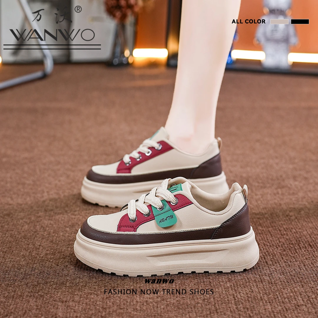 WANWO/万沃增高鞋女显脚小厚底板鞋2025春季新款运动休闲白色女鞋