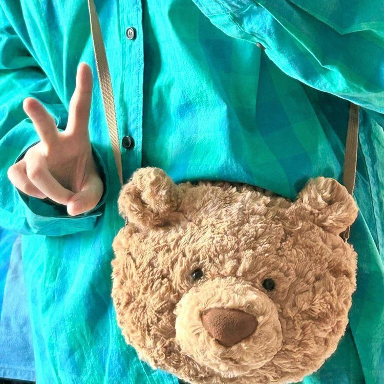 单肩包包女2023新款巴塞罗熊可爱卡通毛绒玩偶熊头包洋气斜挎小包