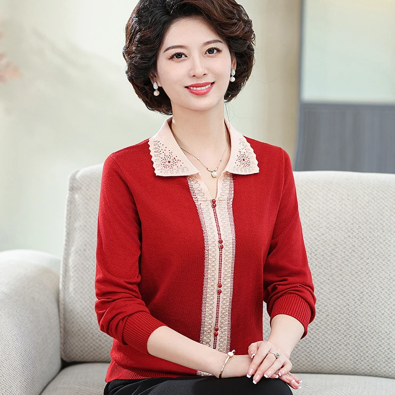 中老年人春秋衣外穿翻领T恤加肥加大码毛衣胖妈妈女装针织衫上衣