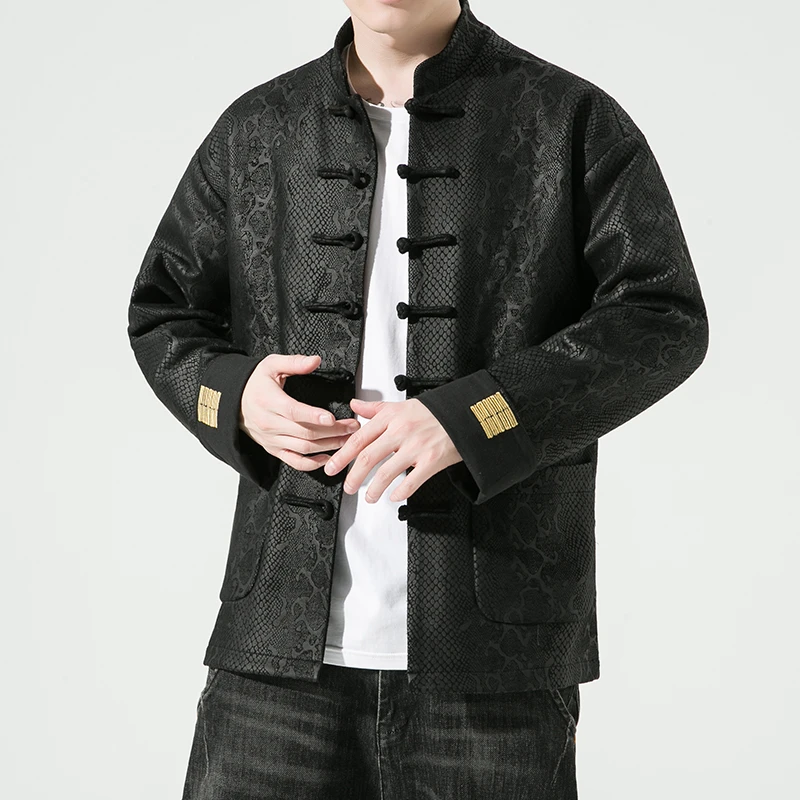 中国风唐装外套男春秋男士复古盘扣立领夹克蟒纹印花宽松休闲汉服