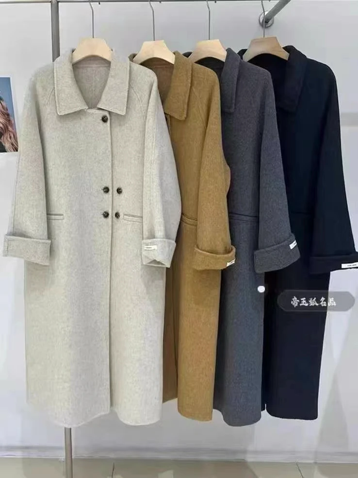 新款秋冬双面羊毛大衣中长款不对称双排扣显瘦外套