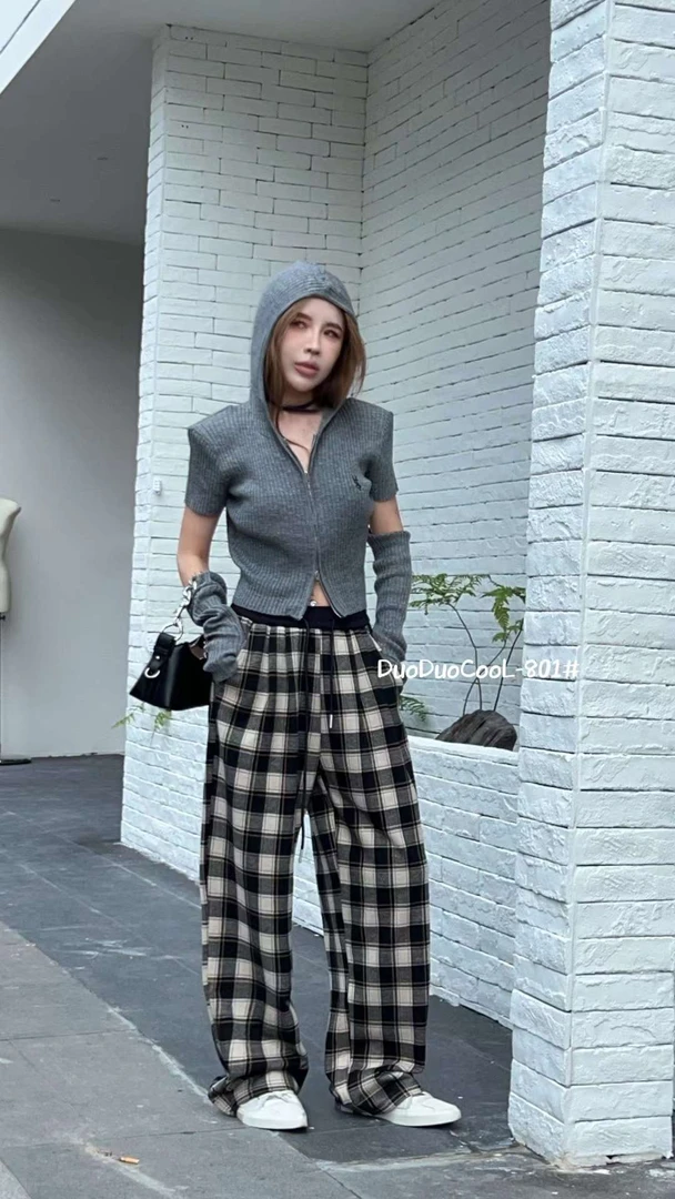 加绒保暖格子休闲裤女冬季宽松高腰家居裤