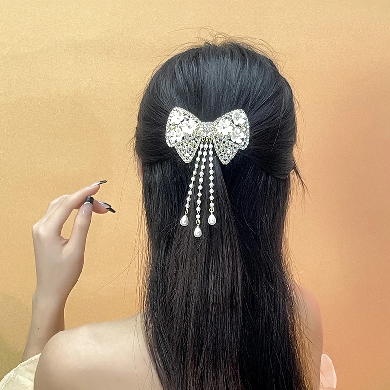 蝴蝶结流苏珍珠夹子头饰后脑勺半夹百搭弹簧发夹
