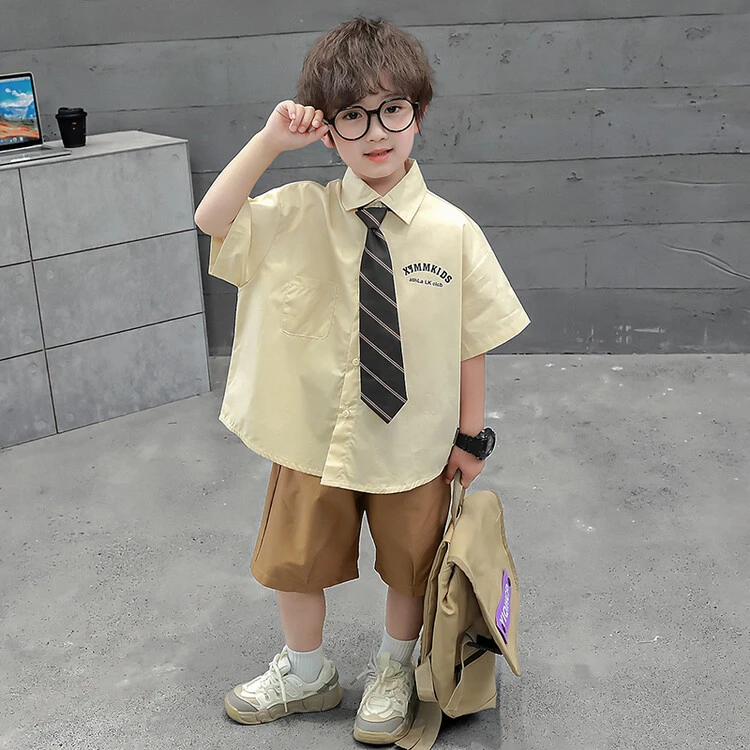 男童夏季衬衫短袖套装2024新款韩版学院风时尚帅气休闲短袖短裤潮