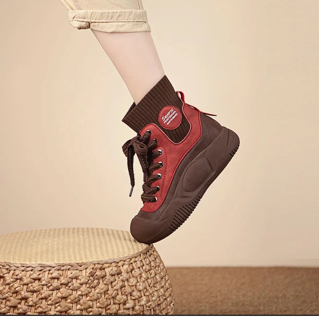 针织真皮马丁靴女英伦风秋冬季新款春秋单靴百搭高帮靴