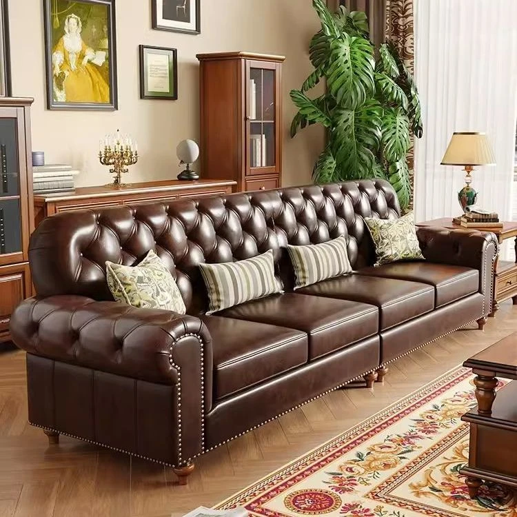 美式真皮沙发棕色头层牛皮三人四人位2.6米直排沙发复古客厅家具