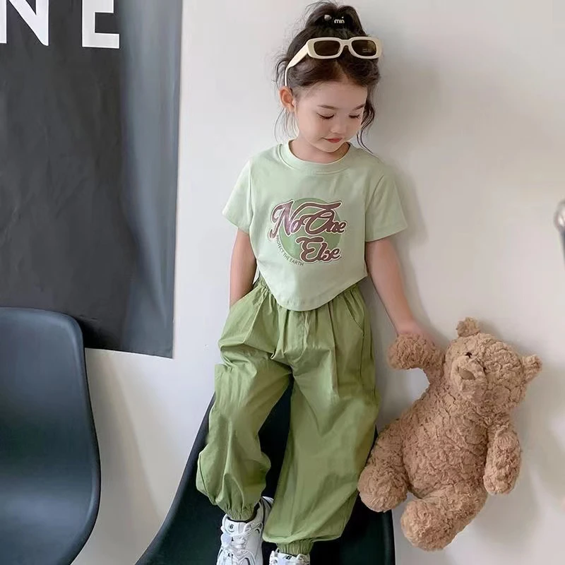 女童夏装套装2024新款女孩子韩版时髦短袖T恤洋气女宝宝两件套潮