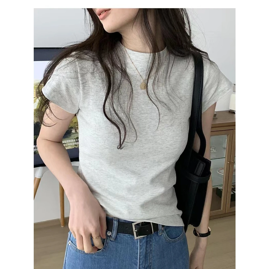 百搭小众纯色圆领修身短袖t恤女夏季新款紧身辣妹显瘦小衫上衣ins