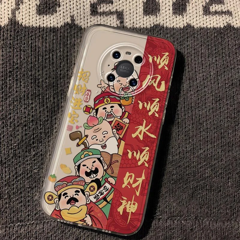 华为mate40pro网红新款五路财神国风透明手机壳太空卡通全包软硅