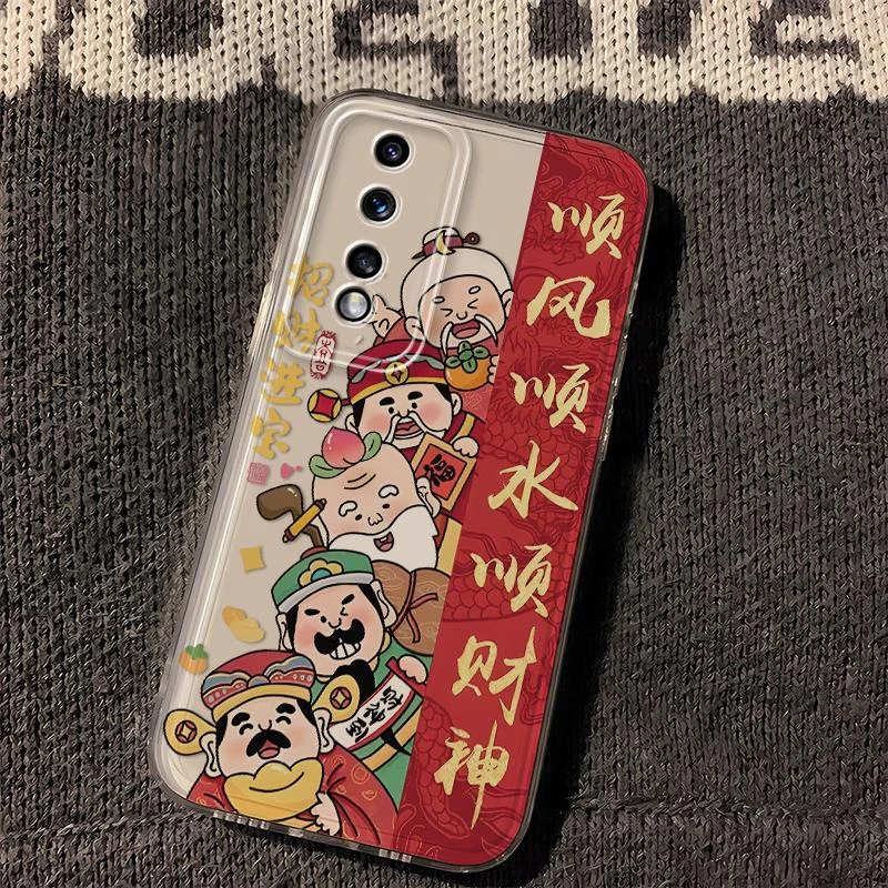 华为荣耀80pro直屏版网红新款五路财神国风透明手机壳太空卡通全