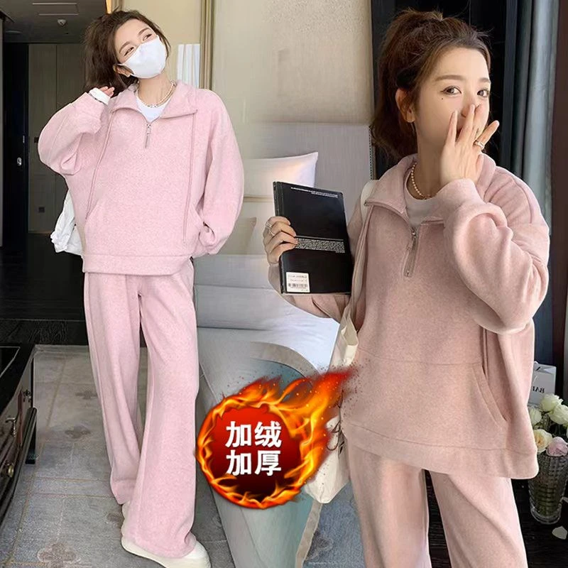 哺乳衣外出2023新款冬季加绒加厚韩版休闲喂奶卫衣直筒阔腿裤套装