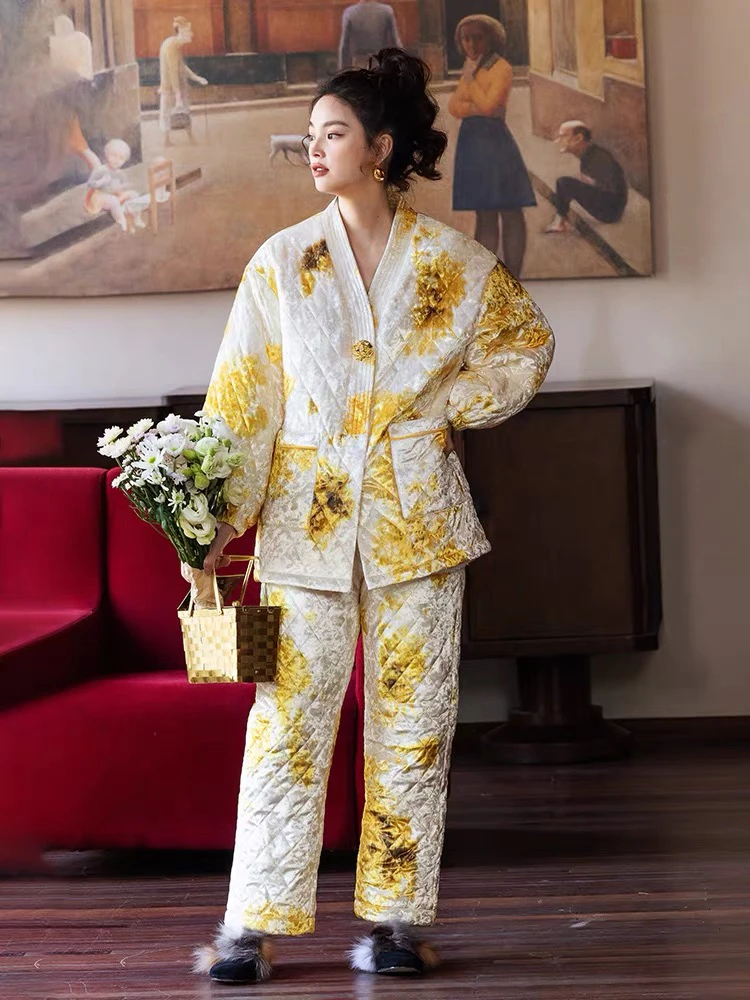 AUDREYWANG原创设计满天星亮片绗棉睡衣套装加厚保暖家居服