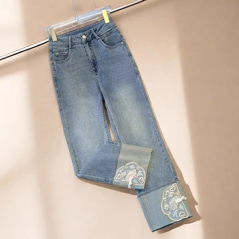 新中式直筒牛仔裤女秋季2025新款大码胖mm高腰显瘦九分国风烟管裤