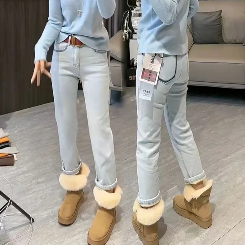 加绒加厚高腰弹力牛仔裤子女2024秋冬新款大码胖mm显瘦九分烟管裤