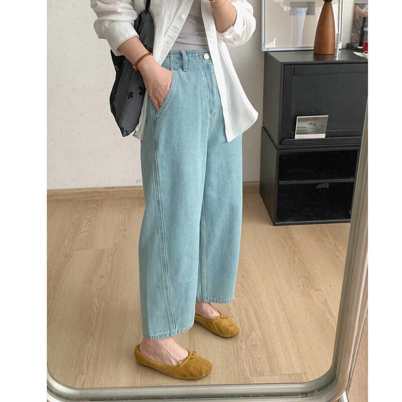 高腰阔腿牛仔裤子女2025年春季新款大码宽松直筒裤显瘦九分弯刀裤