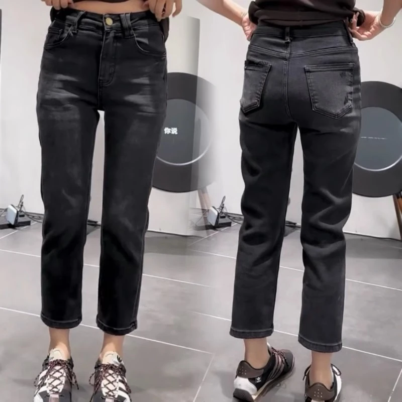 黑灰色显瘦牛仔裤女大码胖妹妹百搭八分裤春季洋气时髦高级烟管裤