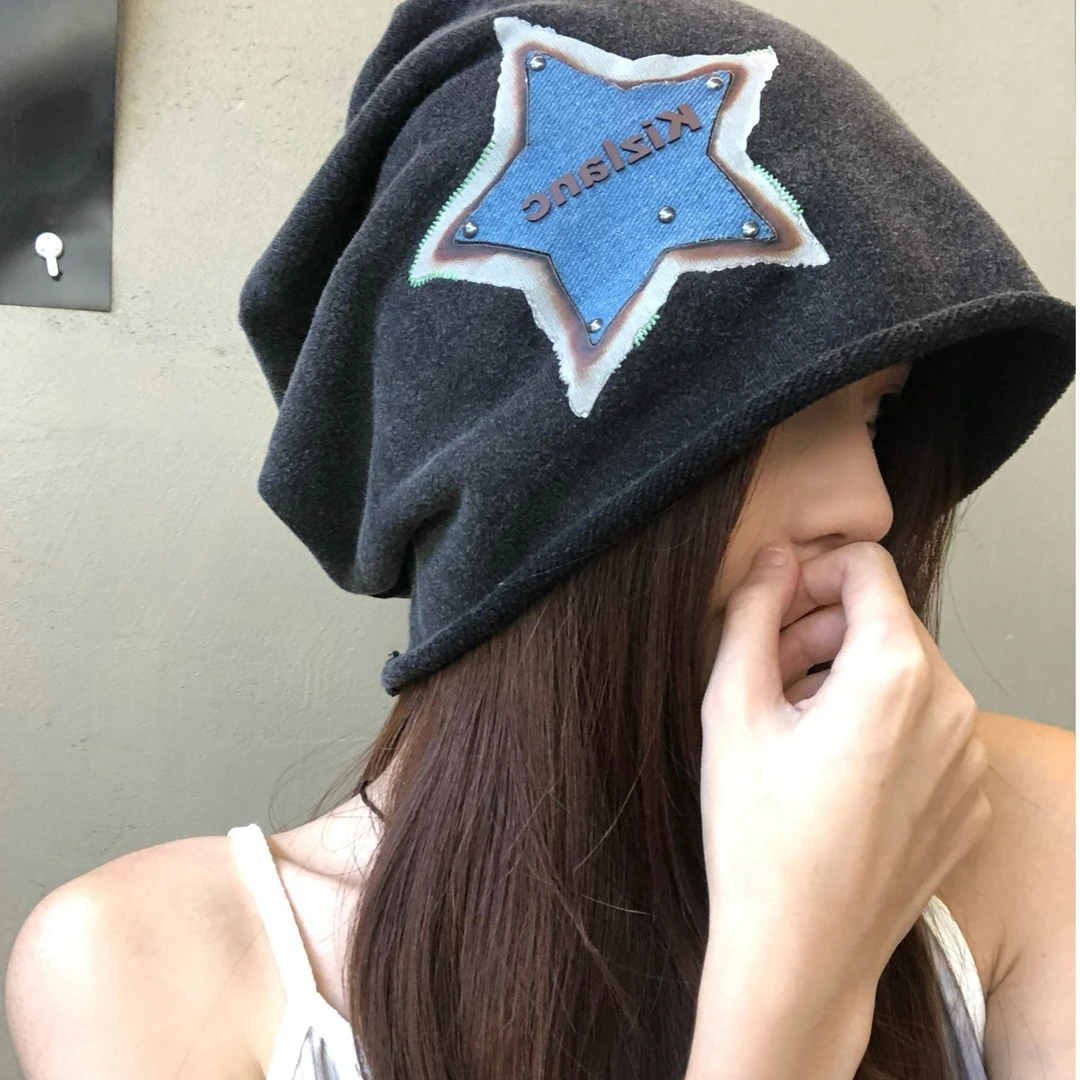美式复古做旧星星堆堆帽子女薄款甜酷冷帽包头帽y2k包头帽月子帽