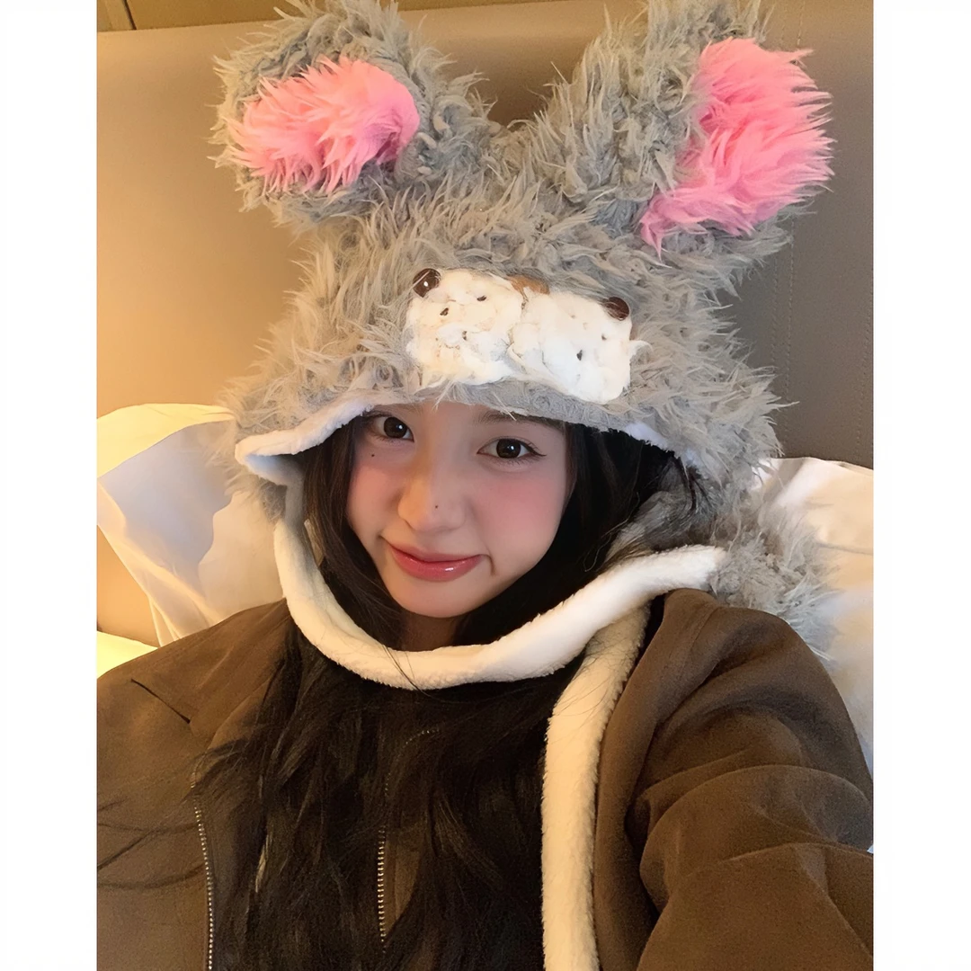 毛绒兔耳朵包头帽保暖防冻雷锋帽大头围卡通可爱护耳帽女