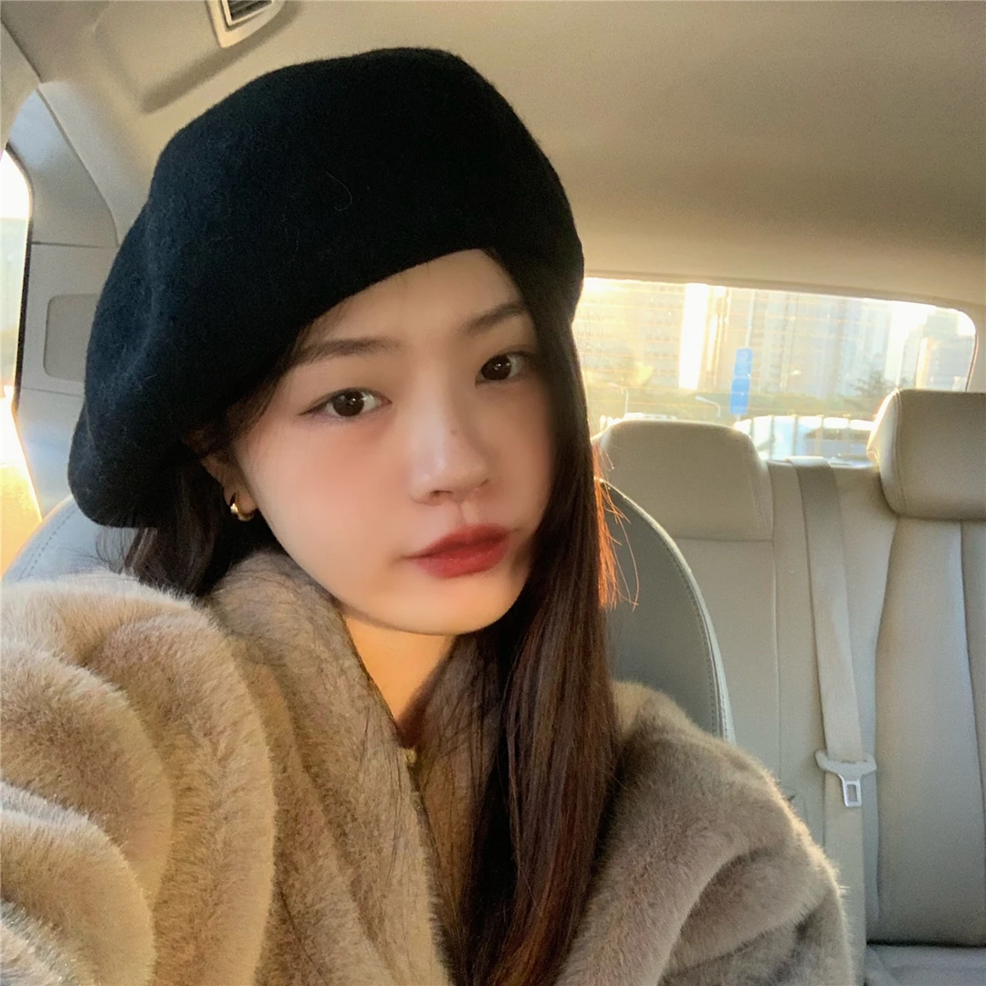 万年经典款大版黑色毛呢贝雷帽女秋冬百搭复古保暖画家帽