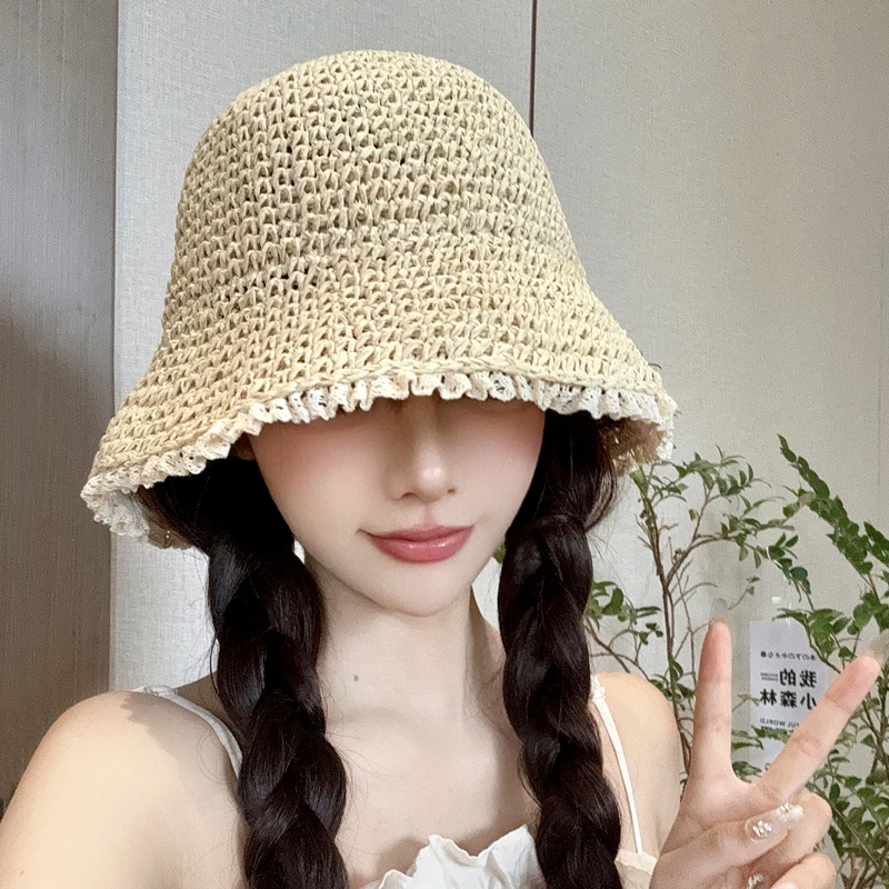 草帽女夏季海边遮阳防晒防紫外线太阳帽显脸小折叠度假草编渔夫帽