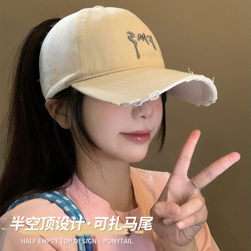 可扎马尾空顶棒球帽女破洞做旧大头围鸭舌帽宽帽檐显脸小软顶帽子