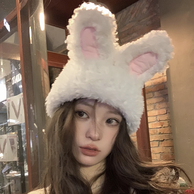 白色毛绒可爱兔子耳朵帽子秋冬季保暖针织毛线帽女毛绒绒包头冷帽