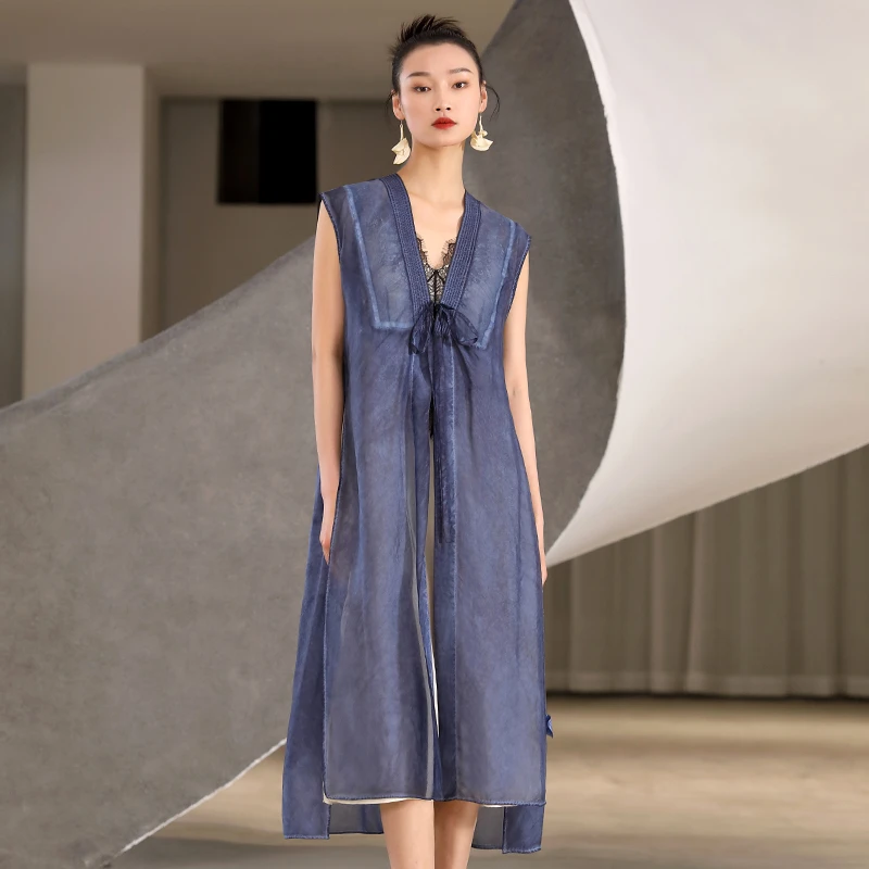 界内界外原创复古中国风桑蚕丝无袖宽松气质长款马夹外套J32D007