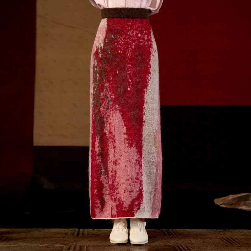 界内界外艺术花色渐变高腰包臀裙显瘦长款针织半身裙中式J43Z2054