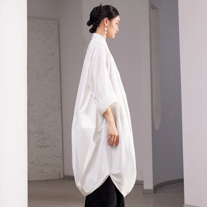 麦兮×界内界外 茧型长袖纯棉汉服领宽松廓形衬衫裙连衣裙J33Q687