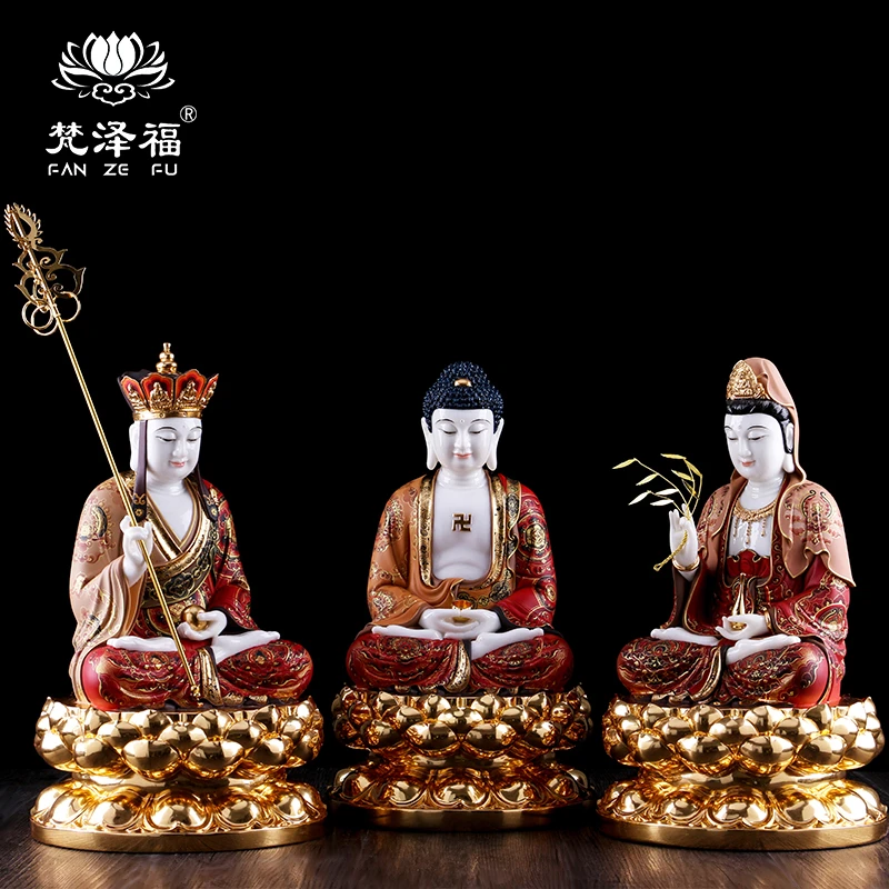 汉白玉娑婆三圣彩绘贴金释迦摩尼观世音家居客厅桌面摆件