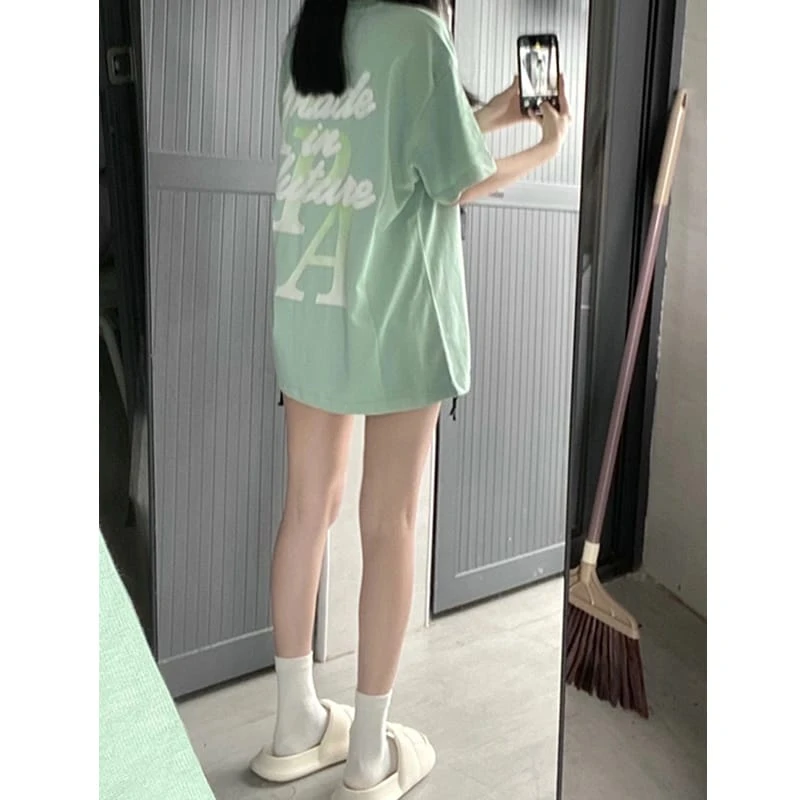 设计感薄荷绿短袖t恤女2025显瘦小众宽松百搭别致独特上衣ins