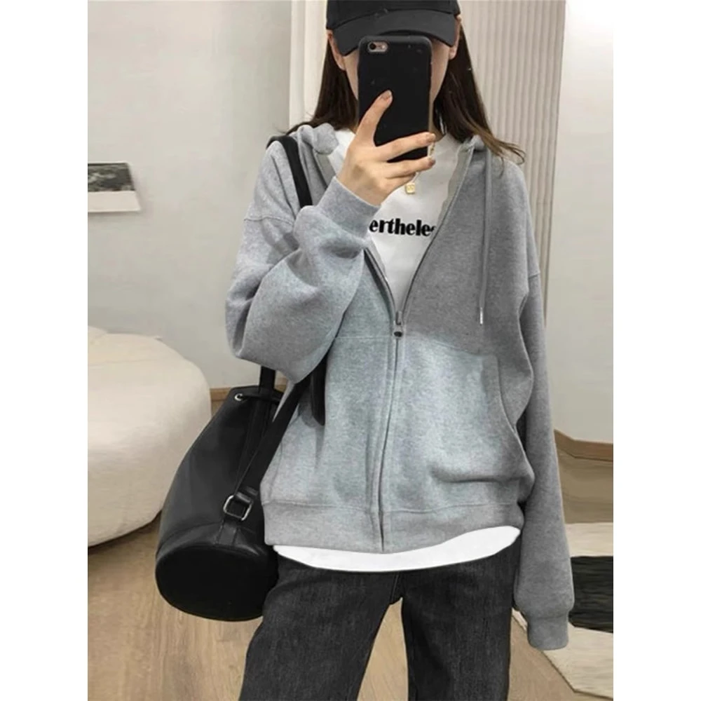 2025年新款美式连帽女装开衫拉链卫衣女春秋长袖上衣纯色外套韩版