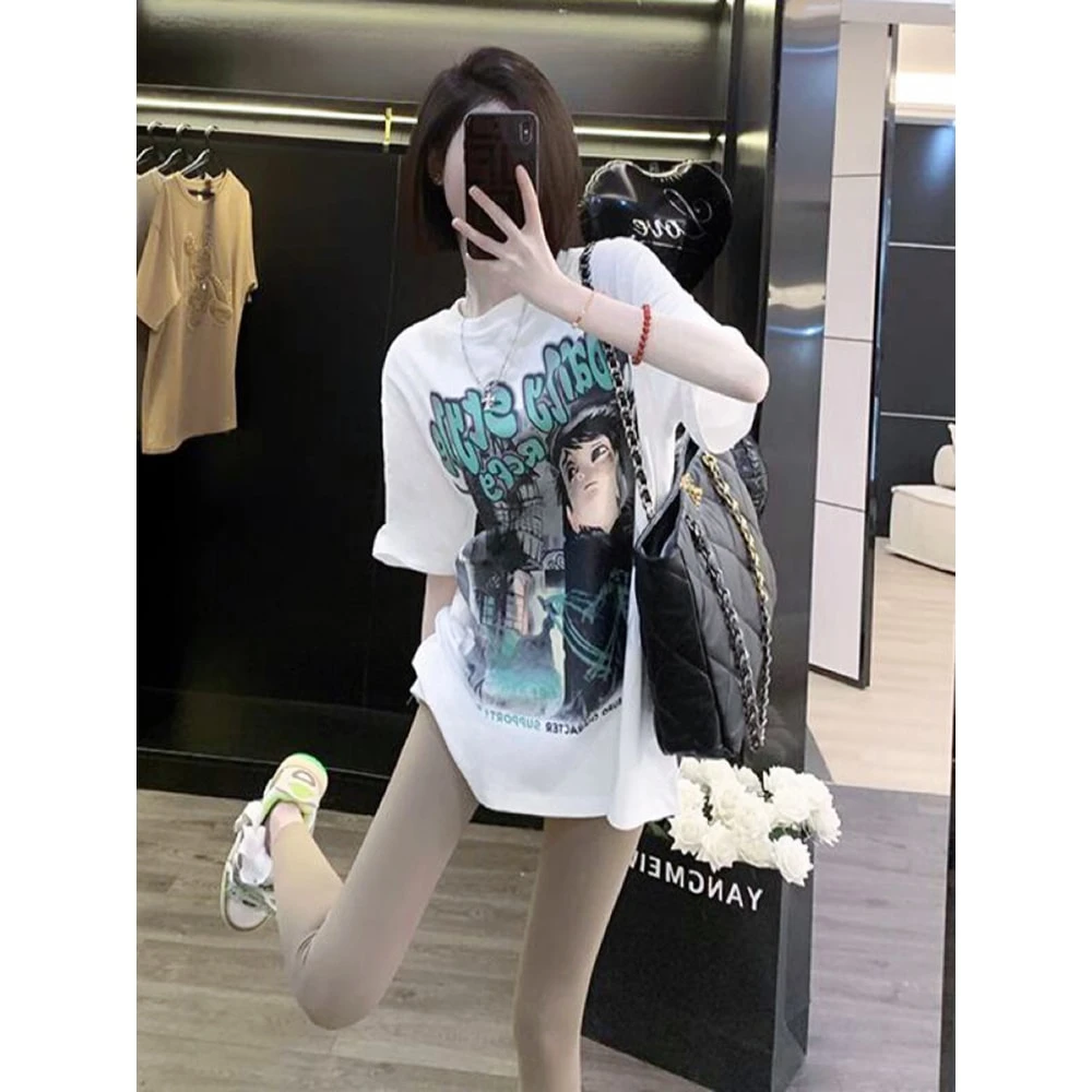 100%纯棉白色短袖t恤女宽松夏季新款纯棉小众大码200斤中长款上衣