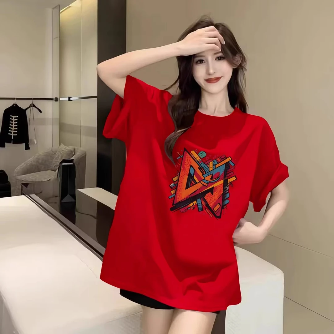大红色本命年2024年新款喜庆T恤女纯棉百搭圆领宽松上衣时尚短袖