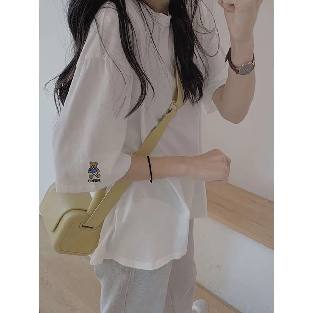 小熊白色短袖t恤女夏季百搭新款宽松纯棉半袖内搭上衣体恤ins潮