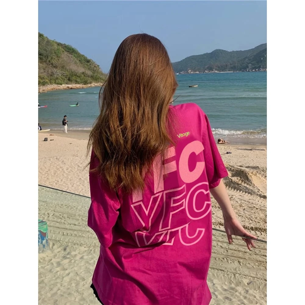 火龙果色纯棉短袖T恤女夏欧货宽松大版ins潮2025印花遮臀半袖上衣