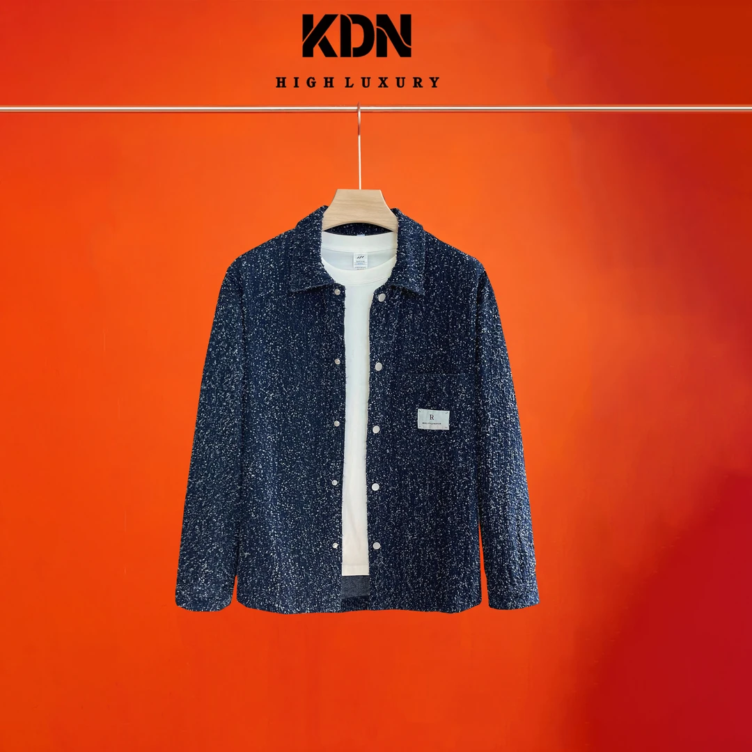 KDN满天星钩花翻领外套男士秋冬牛仔衬衫经典蓝休闲设计磨毛5396