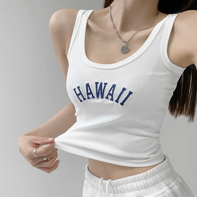 美式复古学院风辣妹字母修身刺绣U领显瘦露脐内搭超短吊带