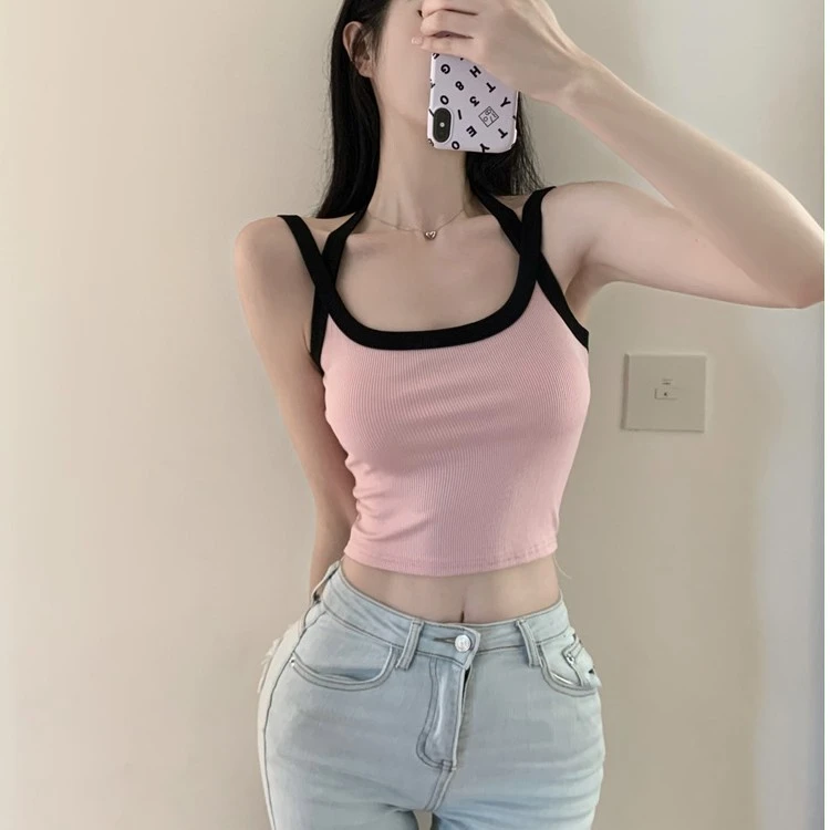 粉色挂脖夏季设计感辣妹吊带ins超短露脐显瘦甜美百搭吊带流行