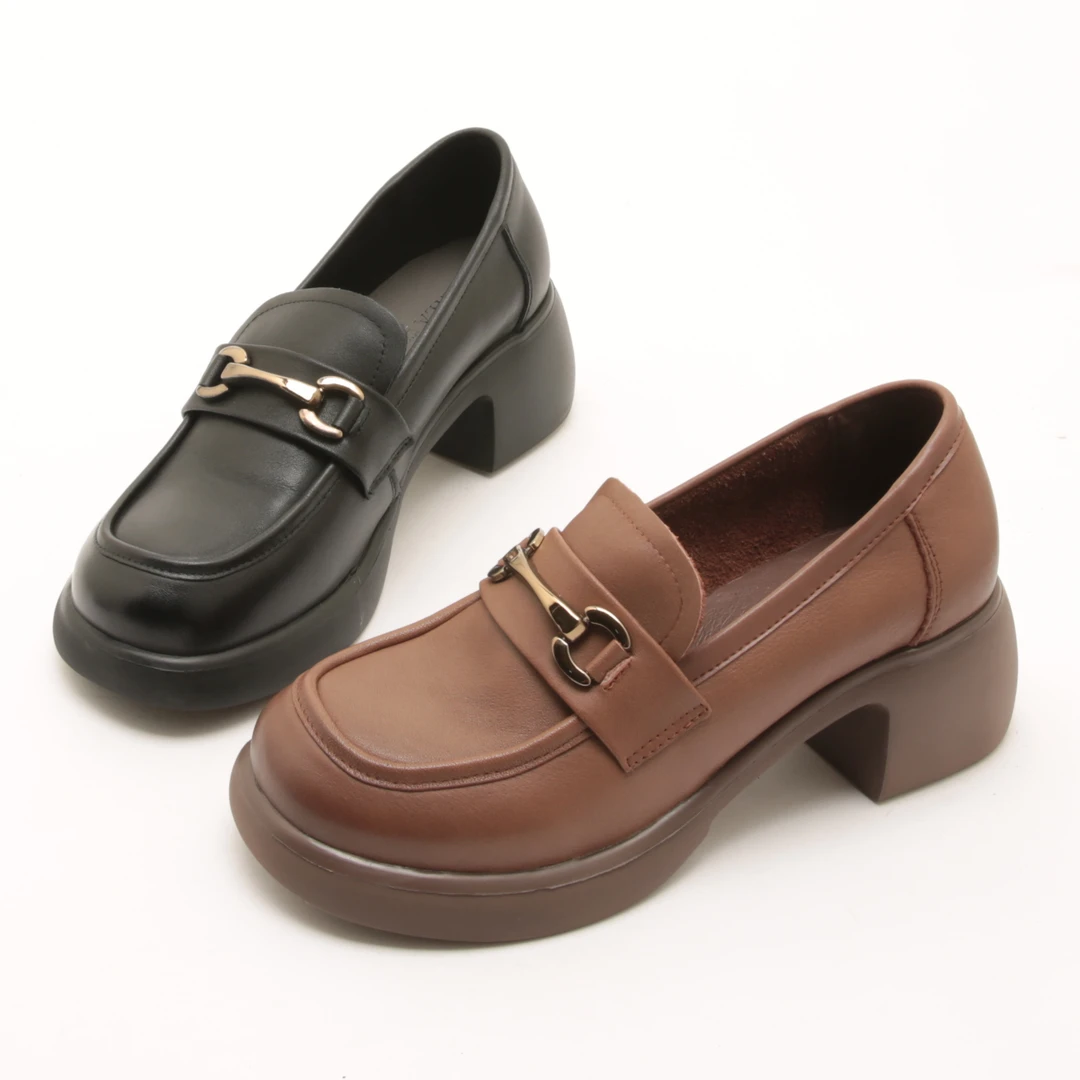 5259秋季新款圆头粗跟一脚蹬英伦乐福鞋女轻便厚底通勤单鞋