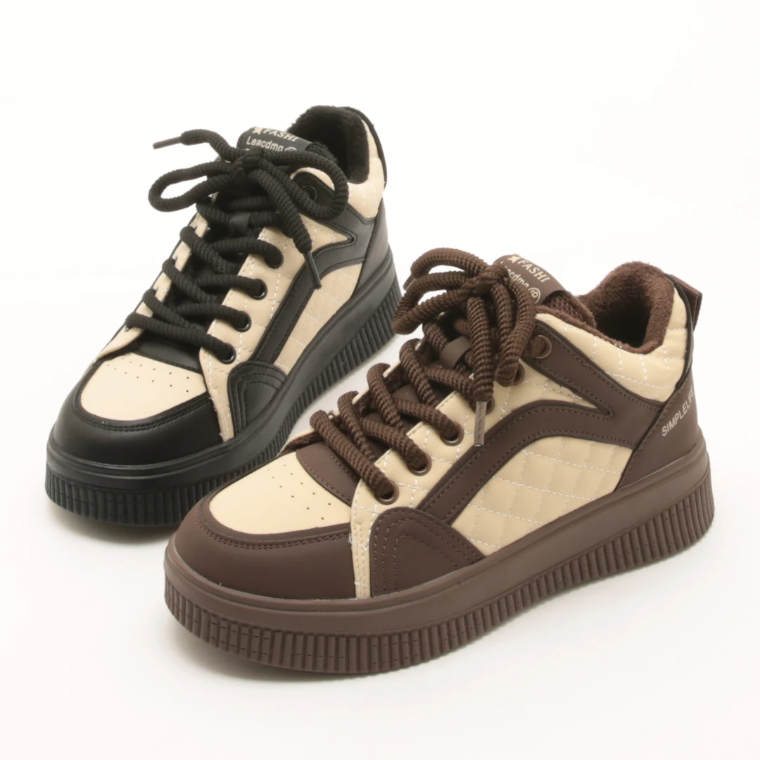 5288冬季新款加绒小厚底真皮休闲鞋时尚板鞋百搭复古拼色女鞋