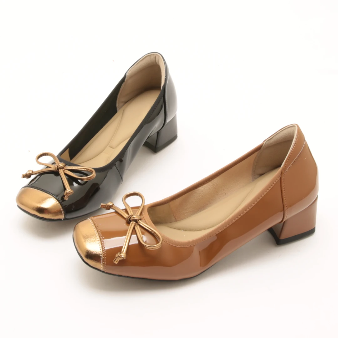 4971春秋新款圆方头浅口单鞋粗跟漆皮小皮鞋舒适软底一脚蹬女鞋