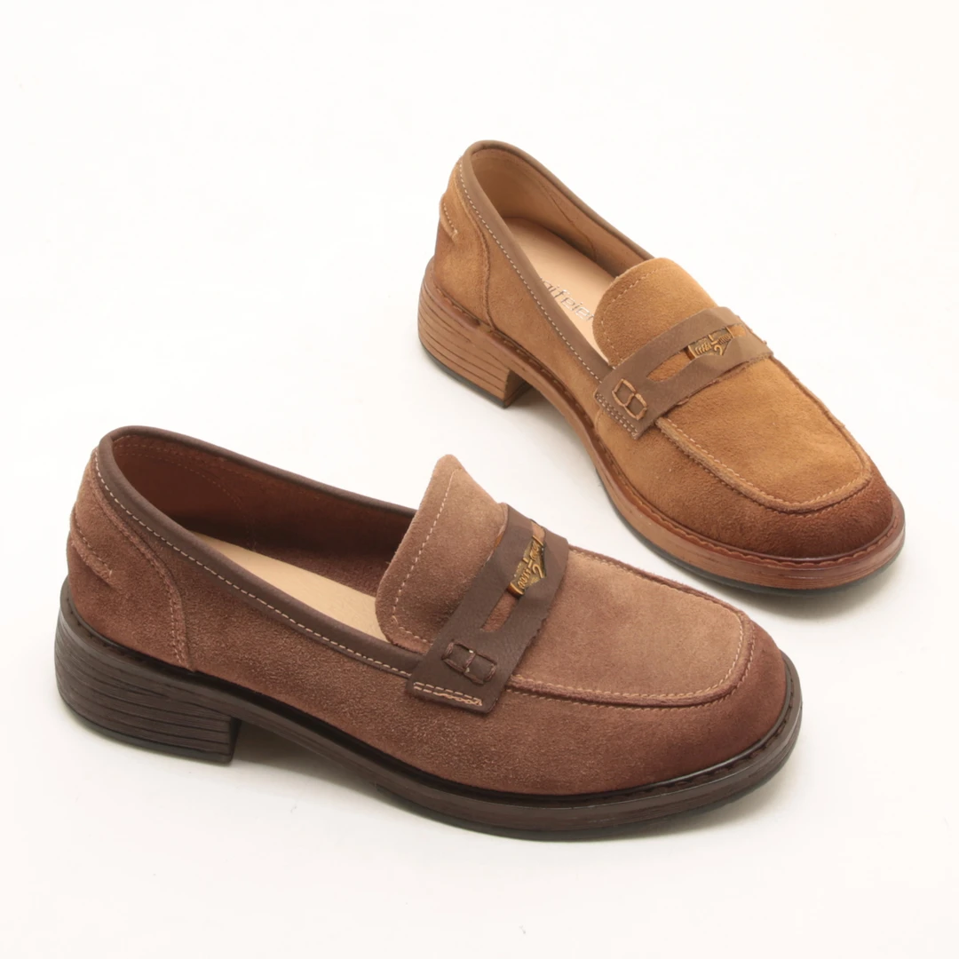 4524秋季新款复古英伦风小皮鞋女粗跟厚底金币圆头一脚蹬乐福单鞋