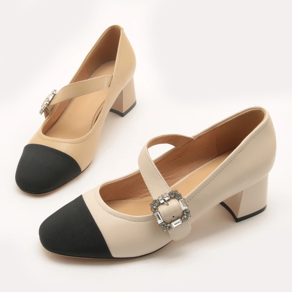 春季新款圆头拼色百搭小香风水钻一字扣带玛丽珍鞋粗跟舒适单鞋