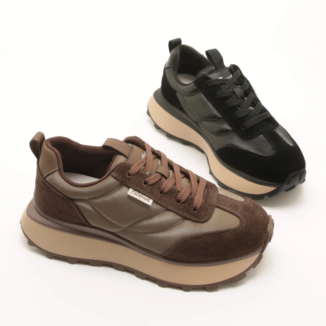 5237秋季新款系带拼色厚底华夫鞋女舒适防滑面包阿甘休闲鞋