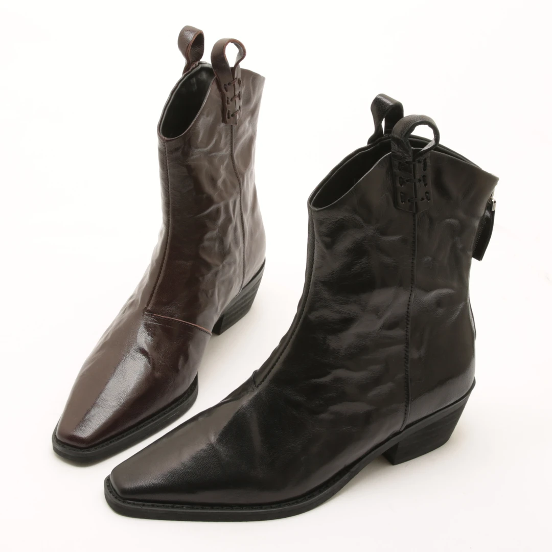 5319秋冬新款方头粗跟单里短靴中跟复古V口显瘦后拉链西部牛仔靴