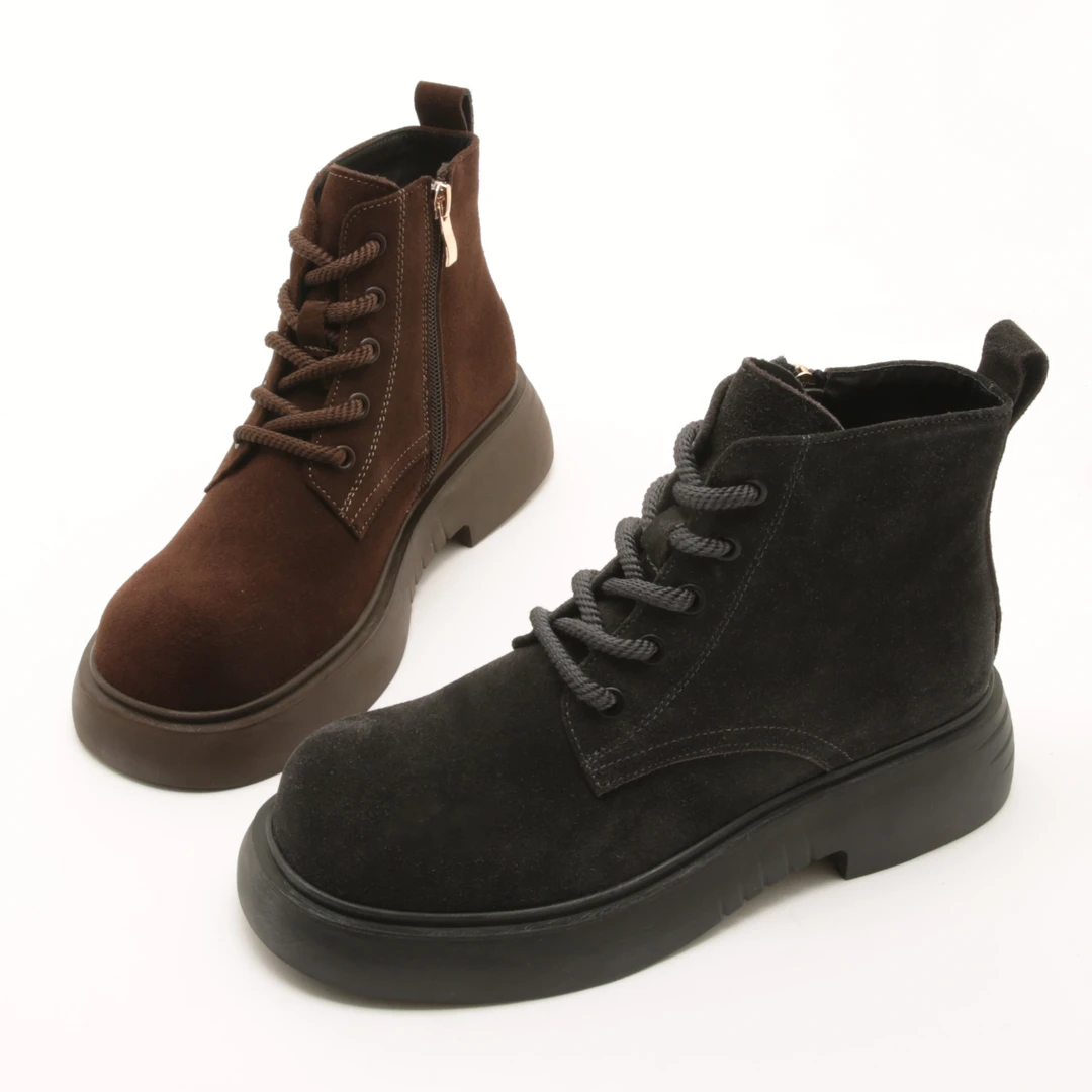 5052秋冬新款复古风圆头侧拉链短靴女厚底系带磨砂马丁靴